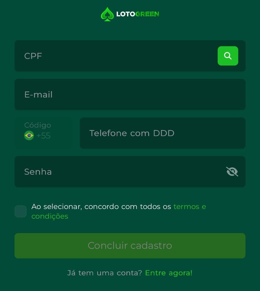Captura da tela de cadastro na Lotogreen.