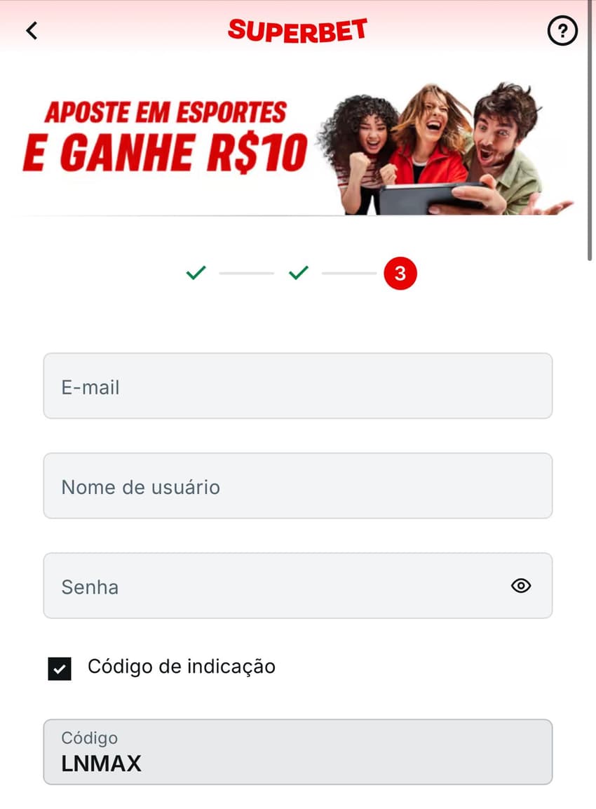 Captura de tela mostra como ativar o código de indicação Superbet LNMAX no cadastro.