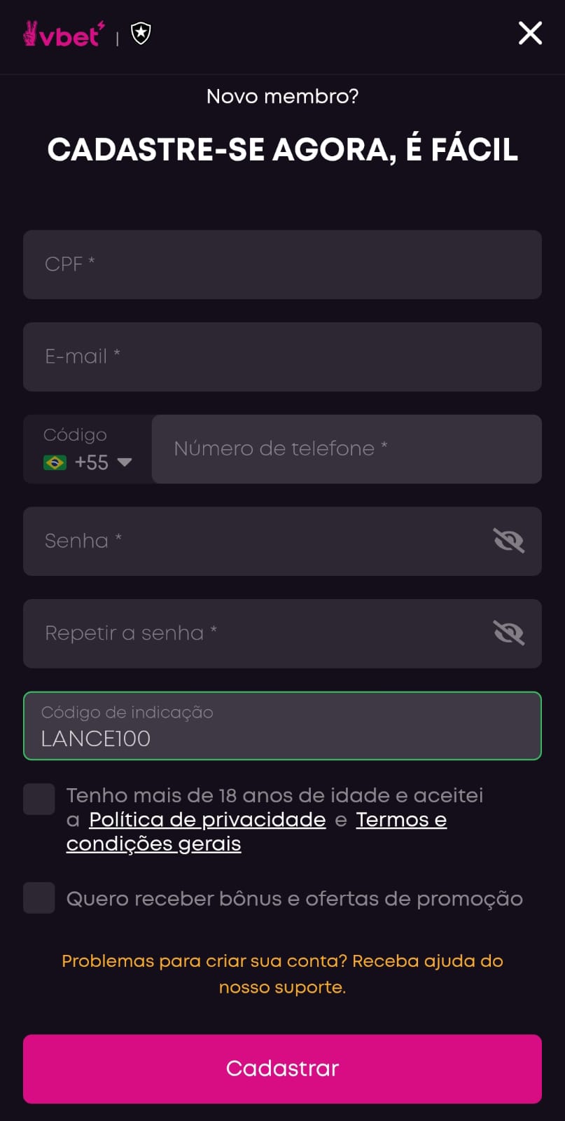 Captura de tela da página de cadastro da casa de apostas Vbet