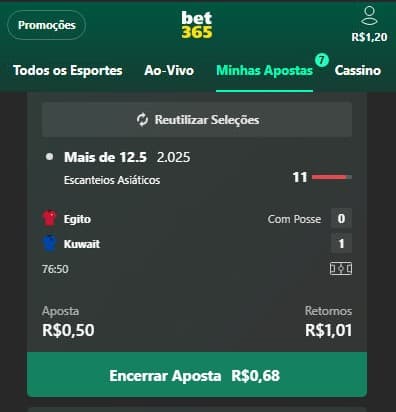 Captura de tela mostra o cash out ao vivo na bet365.