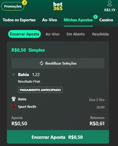 Captura da tela de cash out na bet365.