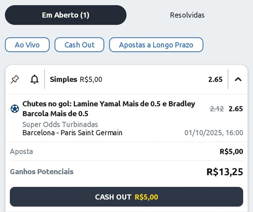 Captura de tela com função de Cash Out da Betano para iniciantes via "Minhas Apostas"