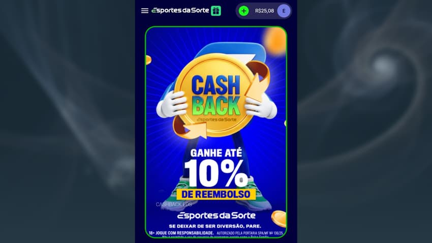 Captura de tela da oferta de cashback disponível na plataforma de apostas