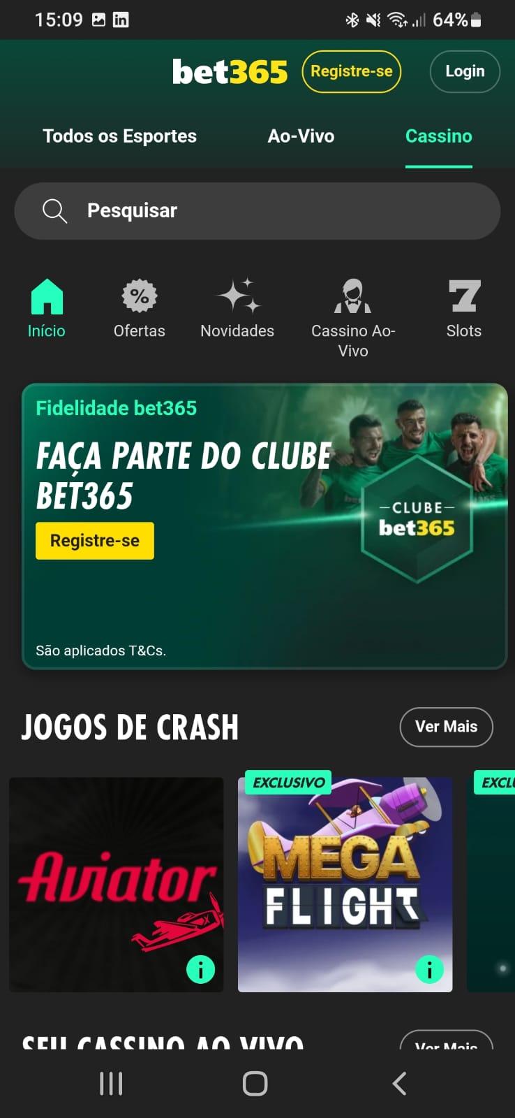 Captura de tela da seção de cassino da Bet365