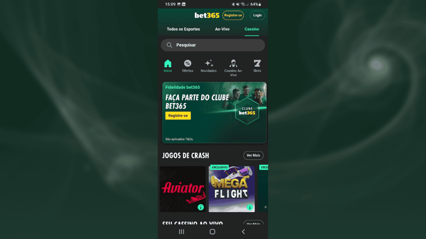 Captura de tela da seção de cassino da Bet365