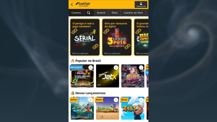 Captura da tela de cassino na Betfair.