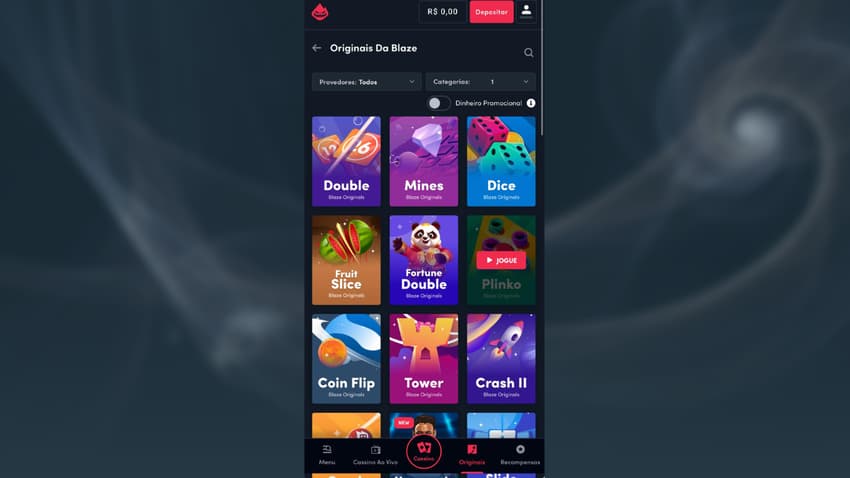Captura da tela de jogos originais de cassino na Blaze.