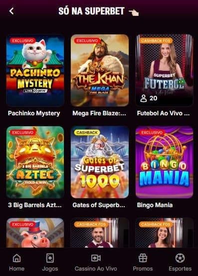 Captura de tela de jogos exclusivos de cassino da Superbet.