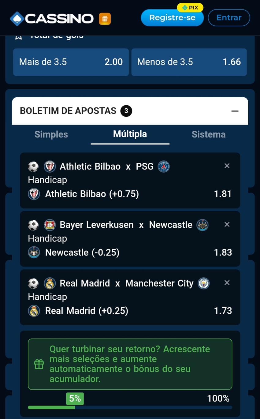 Captura de tela do CassinoPix com um bilhete de apostas múltiplas com mercados de Handicap Asiático.