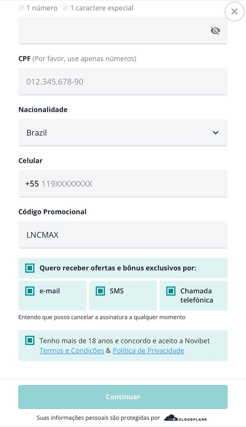 Captura de tela mostra onde aplicar o código promocional Novibet LNCMAX no cadastro.