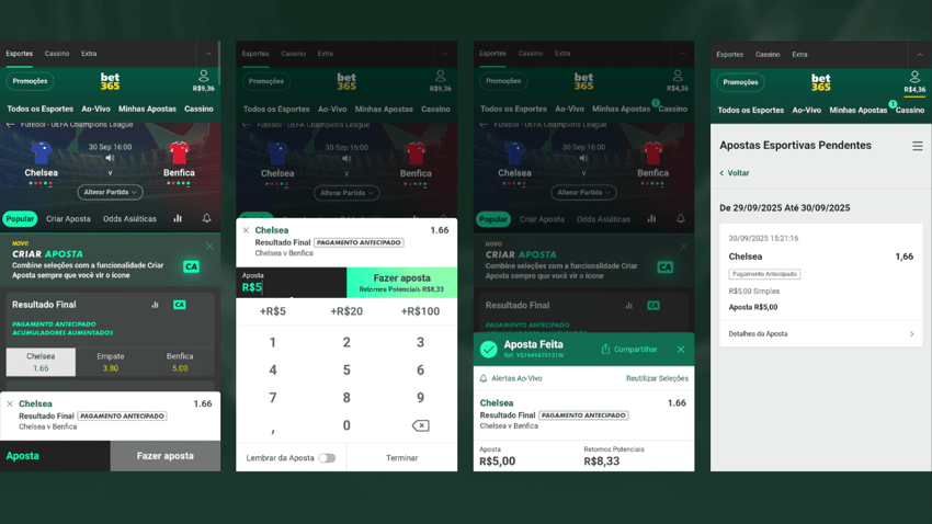 - Captura de tela de mercado de aposta na Bet365 - Captura de tela do preenchimento do cupom da aposta na Bet365 - Captura de tela do cupom de aposta confirmada na Bet365 - Captura de tela do histórico de apostas na Bet365