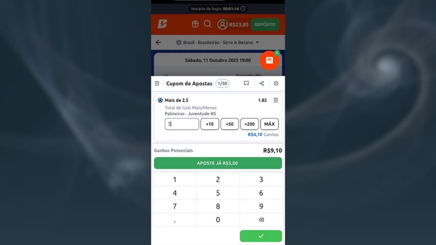 Captura de tela do cupom de apostas da Betano