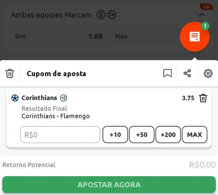 mercado de Resultado Final adicionado no Cupom de Apostas usando o aplicativo Betano