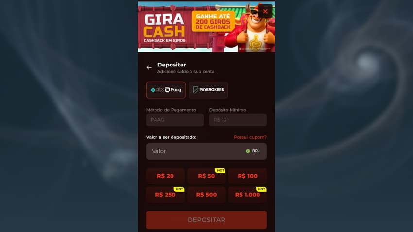 Captura de tela da página de depósito na plataforma de apostas BateuBet Brasil