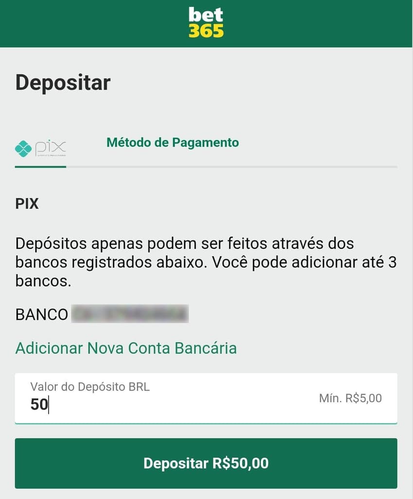 depósito com Pix Bet365