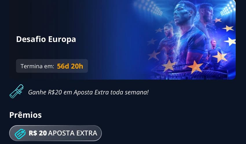 Captura de tela exibe a promoção Desafio Europa com o código Novibet ativado no cadastro.