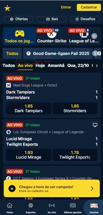 Página de e-Sports ao vivo na Estrela Bet com partidas de Dota 2 e League of Legends
