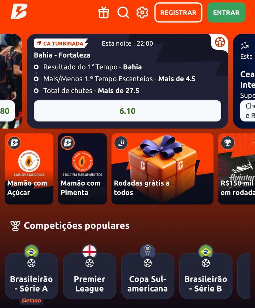 Captura de tela mostra apostas na Betano com odds aumentadas em linhas de Escanteio.