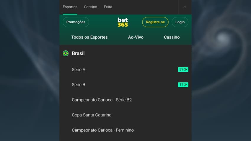 Captura de tela da seção de apostas esportivas da plataforma Bet365 com eventos nacionais