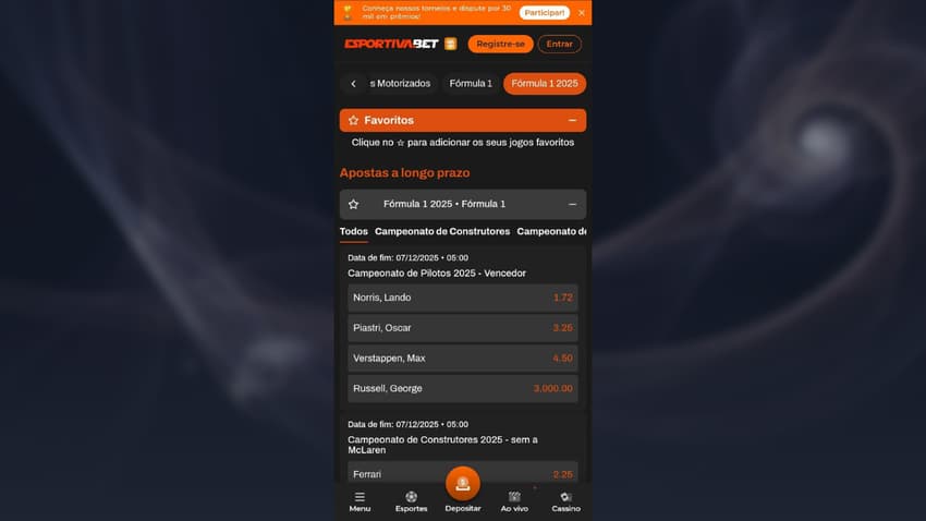 Mercado de Vencedor no Campeonato de Pilotos da Fórmula 1 na Esportiva bet.