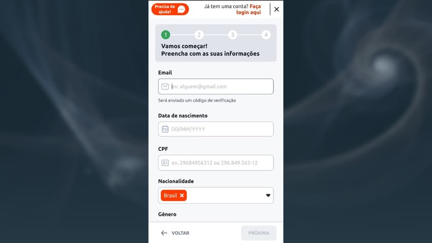 Captura de tela da etapa 1 do cadastro na Betano