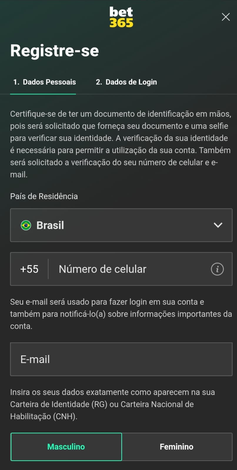 Captura de tela do formulário de registro na Bet365