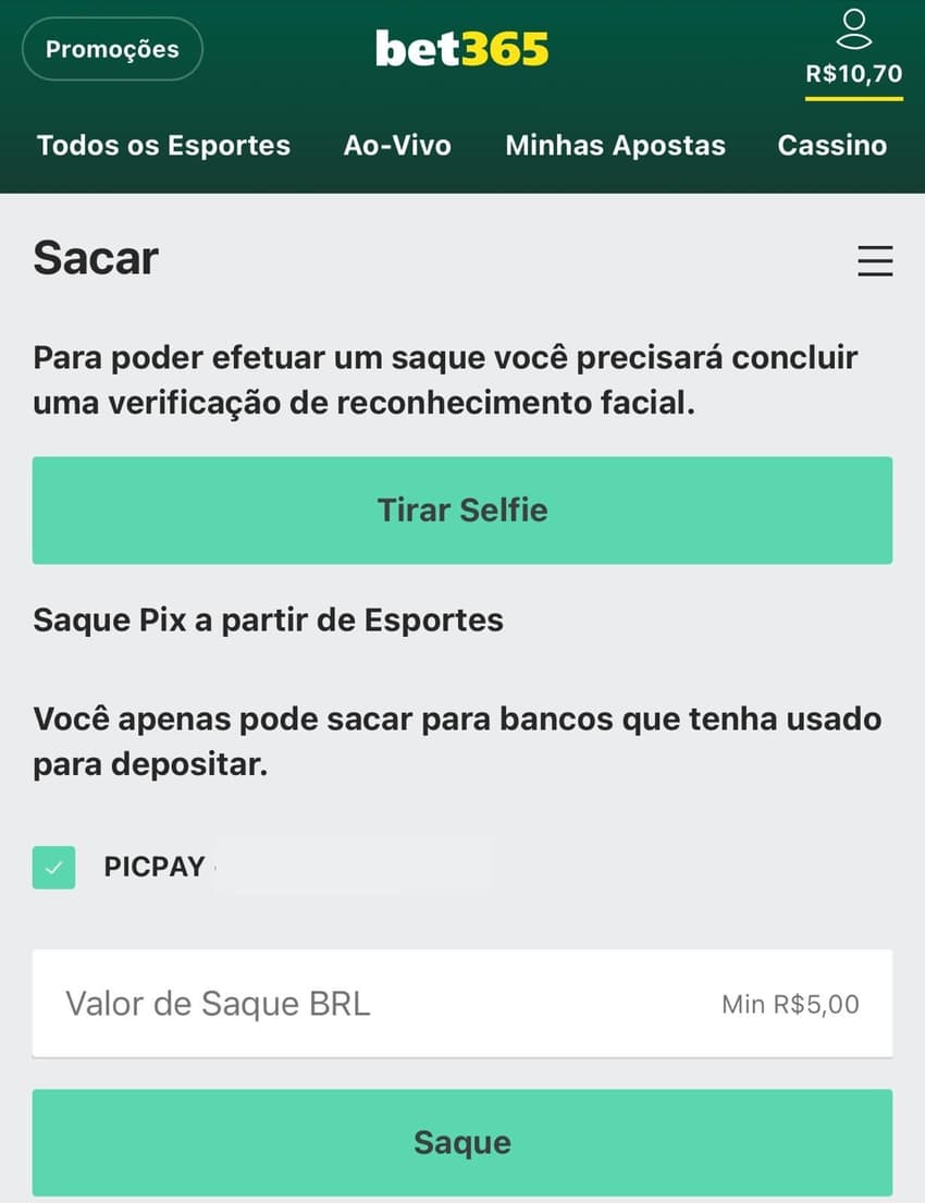 Captura da tela do saque Bet365