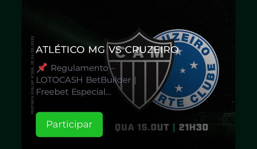 Captura de tela mostra a promoção para a partida Atlético-MG x Cruzeiro na Lotogreen.