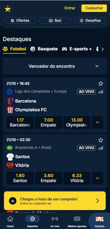 Seção de futebol na Estrela Bet com partidas da Liga dos Campeões e Brasileirão