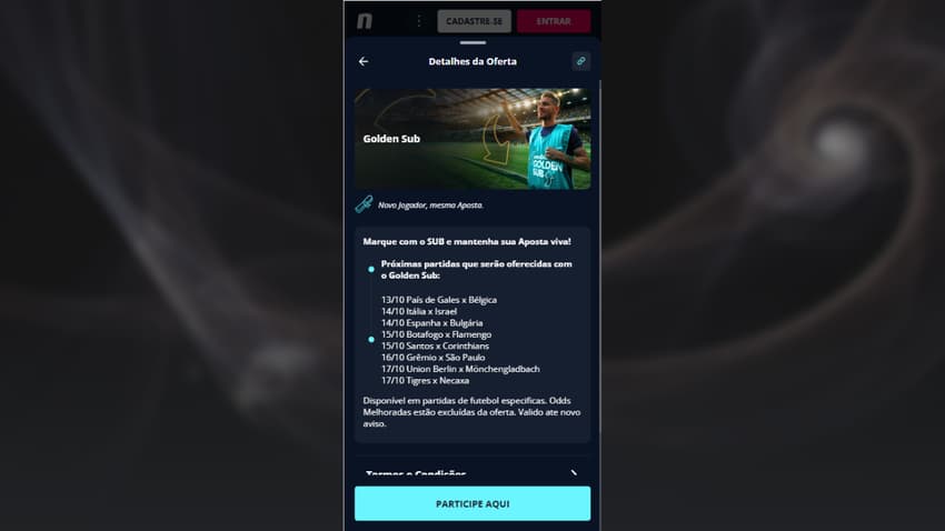 Substituição segura na Novibet com o Golden Sub em partidas selecionadas