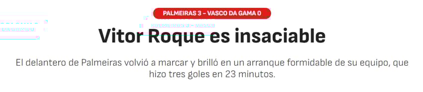 Jornal &quot;As&quot; sobre a atuação de Vitor Roque em Palmeiras 3x0 Vasco (Foto: Reprodução/As)