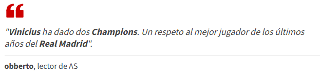 Tradução: Vinícius nos deu dois títulos da Champions. Respeito ao melhor jogador do Real Madrid nos últimos anos.