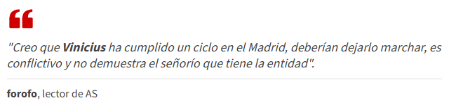 Tradução: Acho que o Vinicius já completou seu tempo no Madrid. Eles deveriam deixá-lo ir. Ele é problemático e não demonstra o respeito que o clube tem.