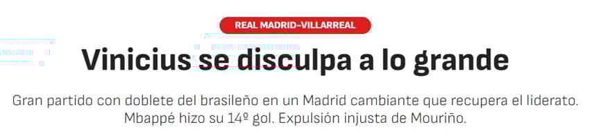Jornal <em>As</em> sobre atuação de Vini Jr contra o Villarreal (Foto: Reprodução/As)