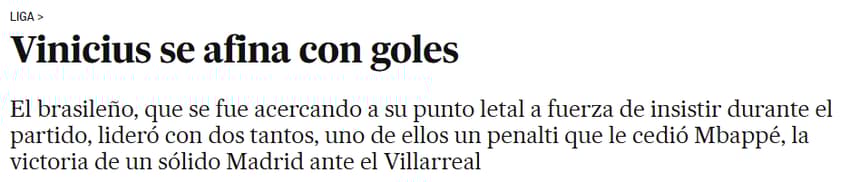 Jornal <em>El País</em> sobre atuação de Vini Jr contra o Villarreal (Foto: Reprodução/El País)