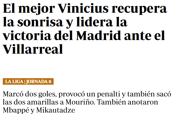 Jornal <em>ABC</em> sobre atuação de Vini Jr contra o Villarreal (Foto: Reprodução/ABC)