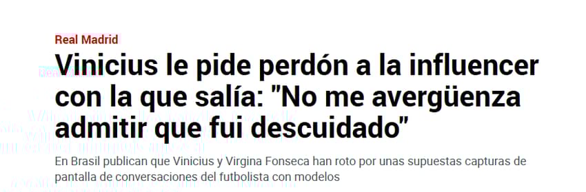"Marca", jornal de Madri, repercutindo o término de Vini Jr e Virgínia (Foto: Reprodução/Marca)