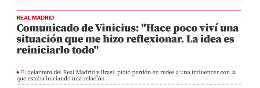 "Mundo Deportivo", jornal de Barcelona, repercutindo o término de Vini Jr e Virgínia (Foto: Reprodução/Mundo Deportivo)