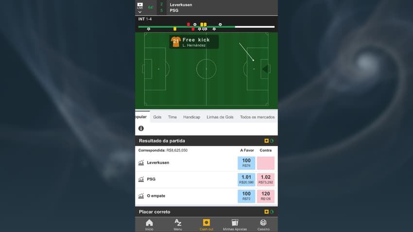 Captura da tela de mercados ao vivo na Betfair