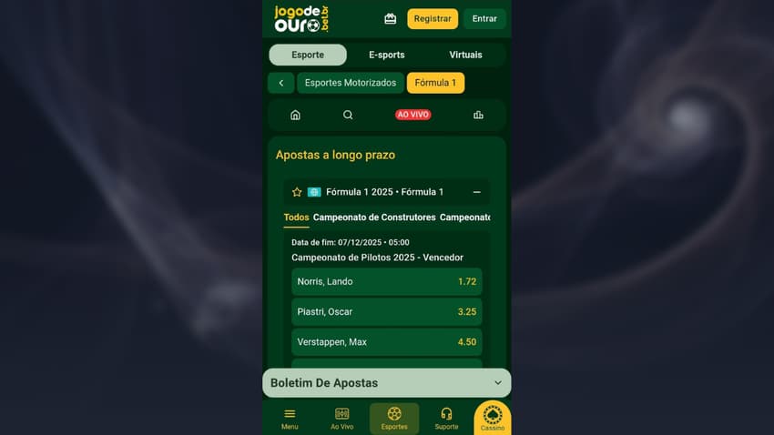 Apostas a longo prazo na Jogo de Ouro com Lando Norris como favorito para vencer a temporada.