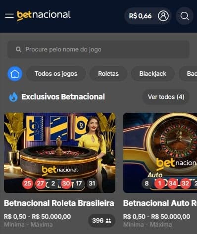 Captura de tela mostra os jogos exclusivos de cassino da Betnacional.