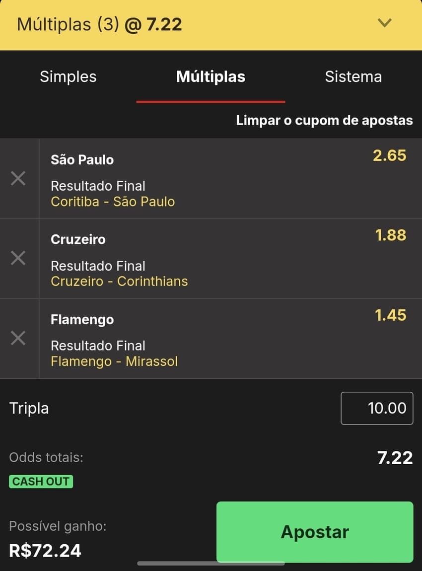 Captura de tela de um bilhete de apostas múltiplas na KTO.