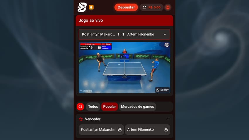 Captura de tela do serviço de streaming em tênis da BateuBet Brasil