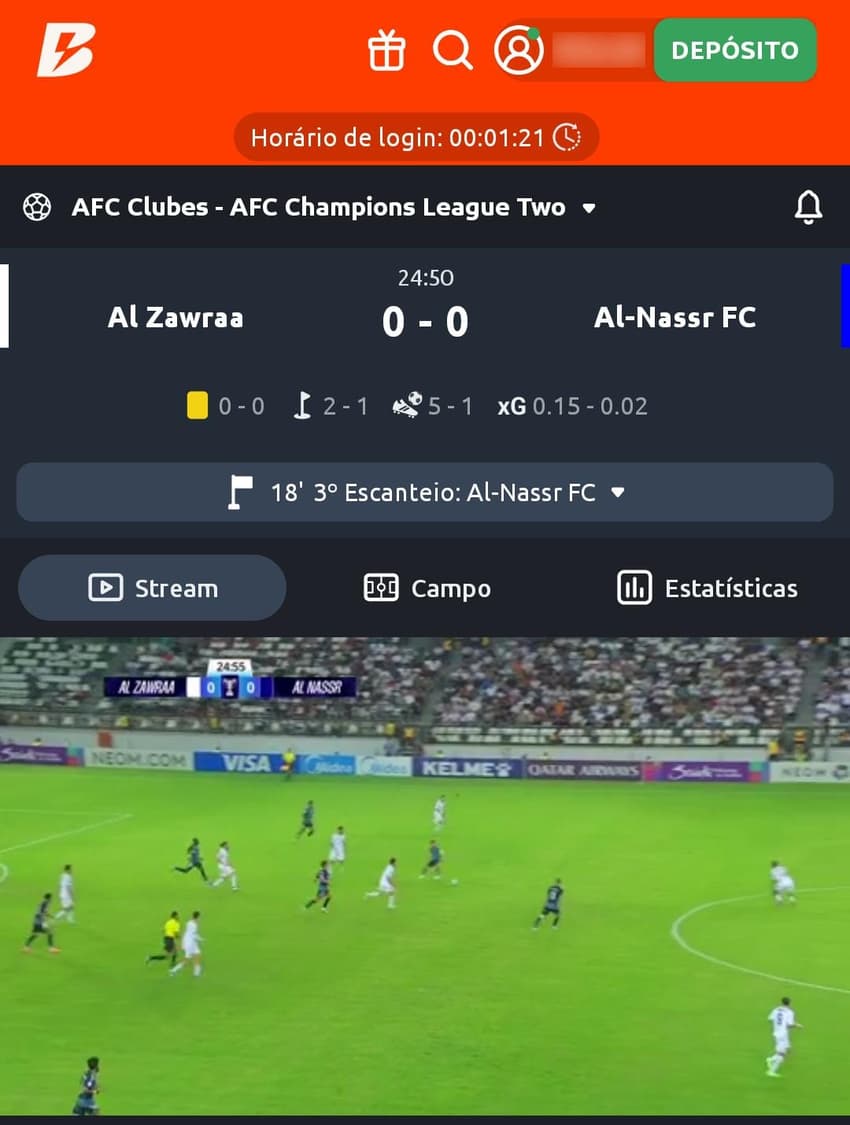 Captura de tela do live streaming de futebol na casa de apostas Betano