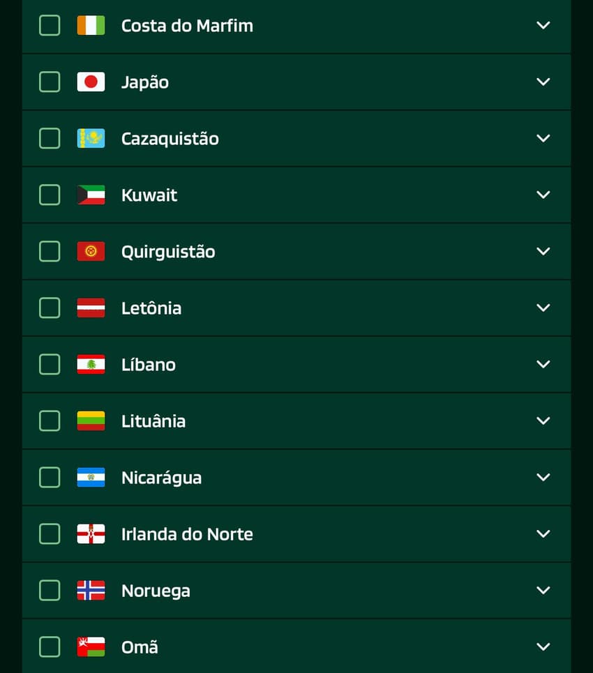 Captura de tela mostra ligas de futebol disponíveis na Lotogreen.