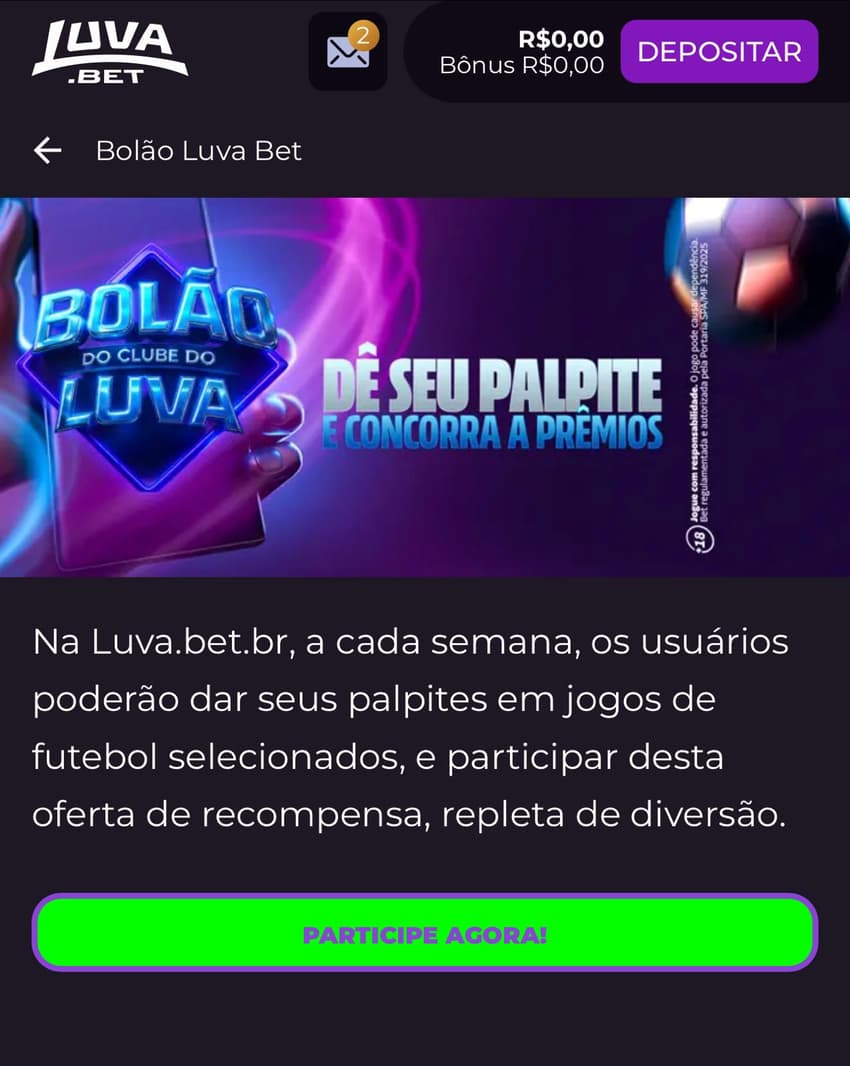 Captura de tela da promoção Bolão do Clube do Luva na Luva Bet.