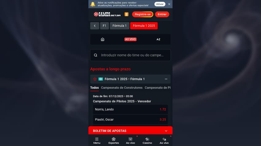 Seção de Fórmula 1 na MC Games com mercados a curto e longo prazo.