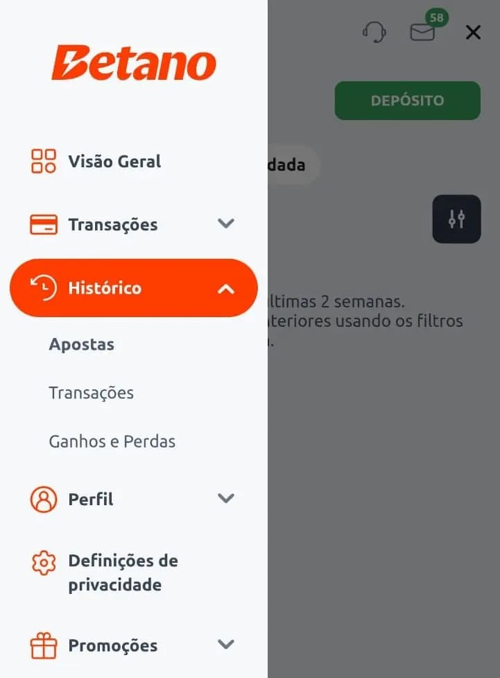Menu do App Betano com histórico de apostas.