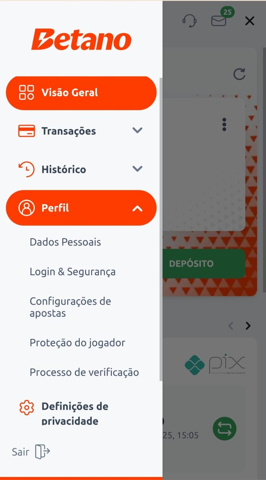 Captura de tela da área Minha Conta na Betano