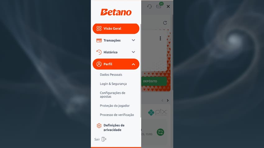 Captura de tela da área Minha Conta na Betano
